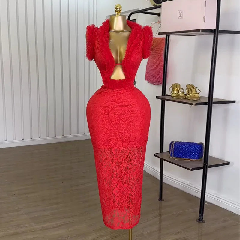 CM.YAYA Women Ruffles Splicing Deep V-neck Lace Floral Bodycon Midi Dress 2025 Birthday Night Club Party Vestidos Sexy Dresses Red