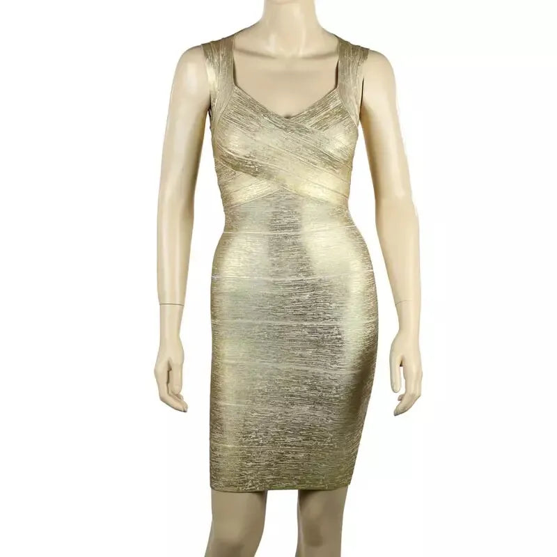Plus Size Gold Silver Foil Color Women Sleeveless Sexy Bandage Bodycon Mini Dress Celebrity Show Red Carpet Evening Party Dress