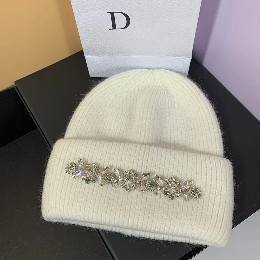 Real Rabbit Fur Knitted Hats for Women Winter Warm Beanie Luxury Rhinestones Bonnet Lady Outdoor Skiing Skullies Beanies Caps white