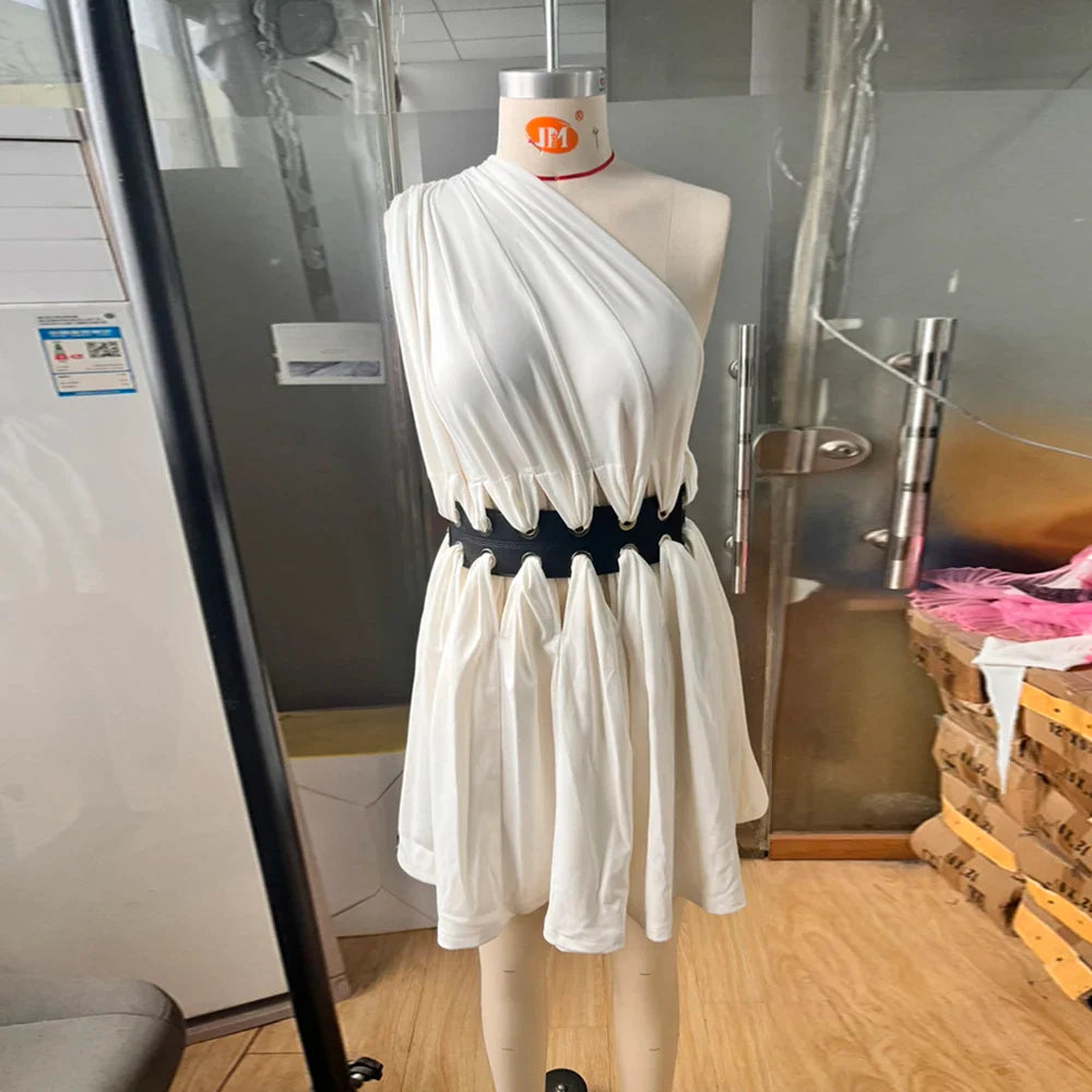 Patchwork Leather Chic Dresses For Women Diagonal Collar Sleeveless High Waist Hollow Out Mini Dress Female Style