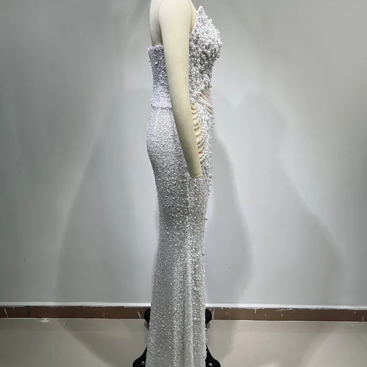 Vestido feminino luxuoso, sexy, sem alças, costas nuas, pérolas, lantejoulas, maxi longo, bege, elegante, para festa à noite, clube