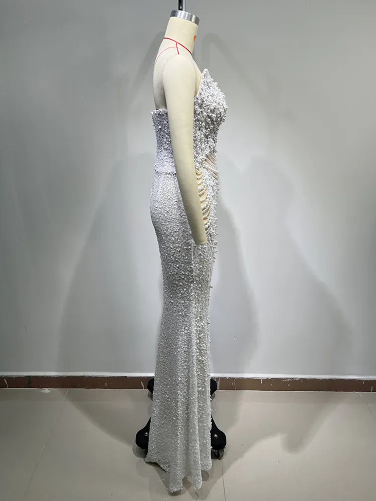 Vestido feminino luxuoso, sexy, sem alças, costas nuas, pérolas, lantejoulas, maxi longo, bege, elegante, para festa à noite, clube