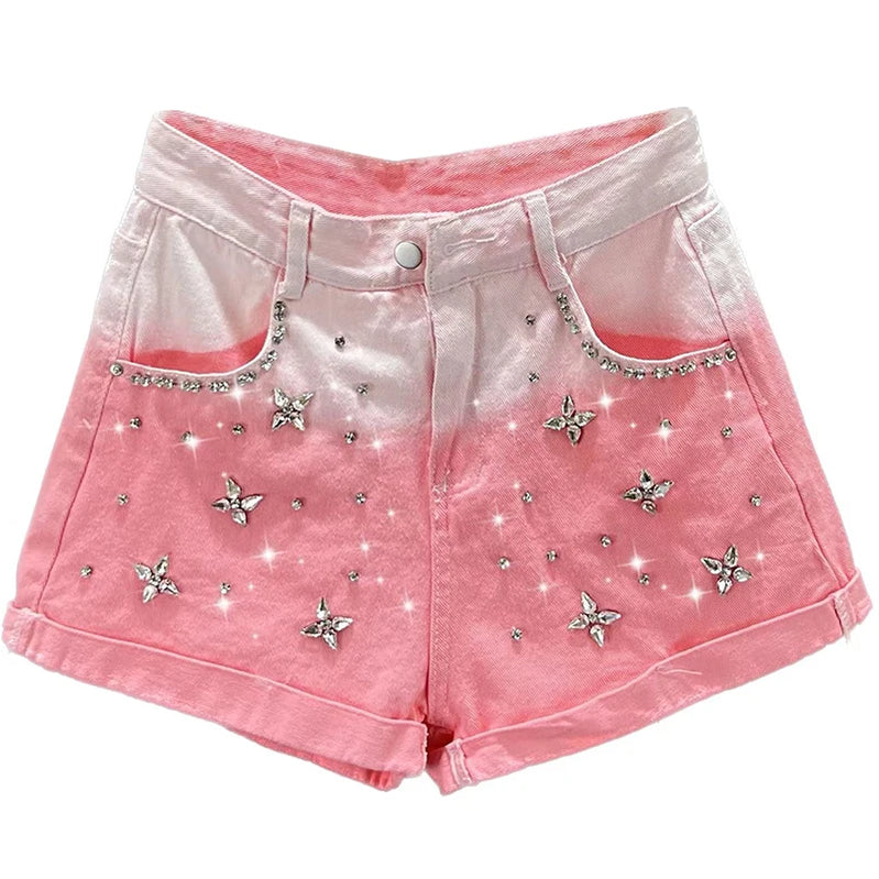 Sweet Gradient Color Exquisite Rhinestone Denim Shorts Women Summer High Waist Slimming Wide Leg Shorts Jeans Hot Pants