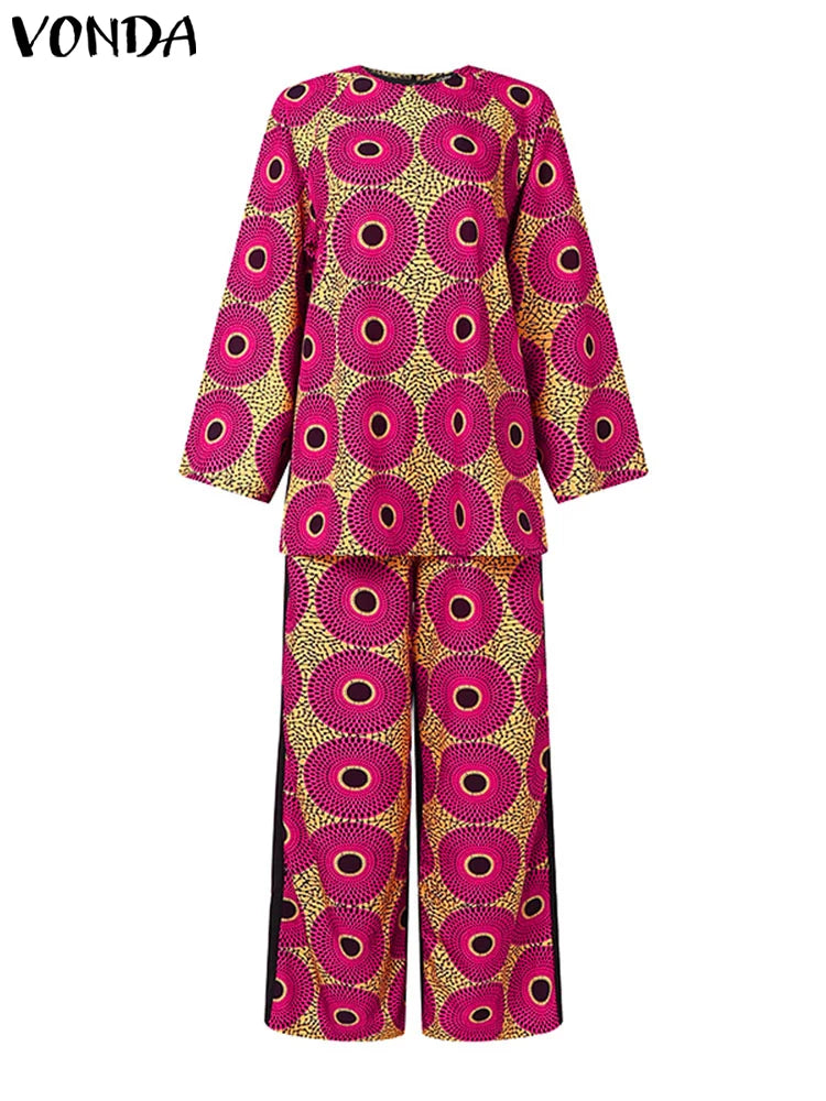 Plus Size VONDA Bohemian Style Printing Outfits Women Elegant Tops Sets O-neck Long Sleeve Casual Loose Two Piece Suits Holiday
