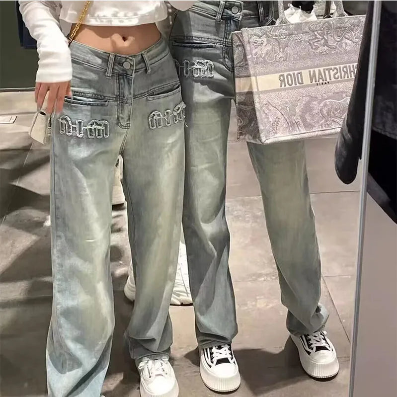 Y2K American Retro Gothic Wide Legged New Worn Out Washed Loose Slim Straight Floor Dragging Jeans