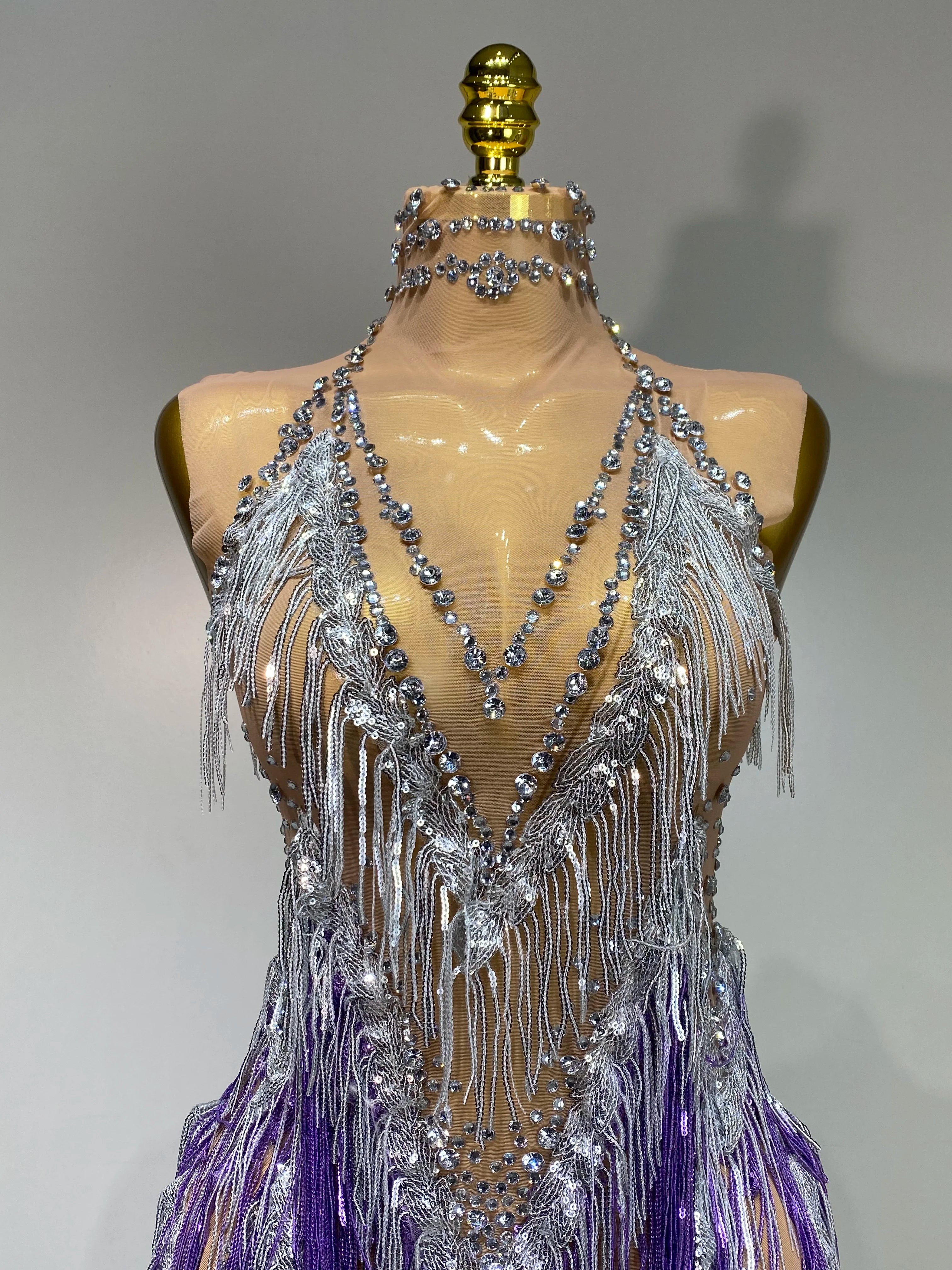 Luxury Rhinestone Tassel Sexy Women Short Latino Dance Dress Birthday Nightclub Bar Sleeveless Sparkly Performance Stage Outfit