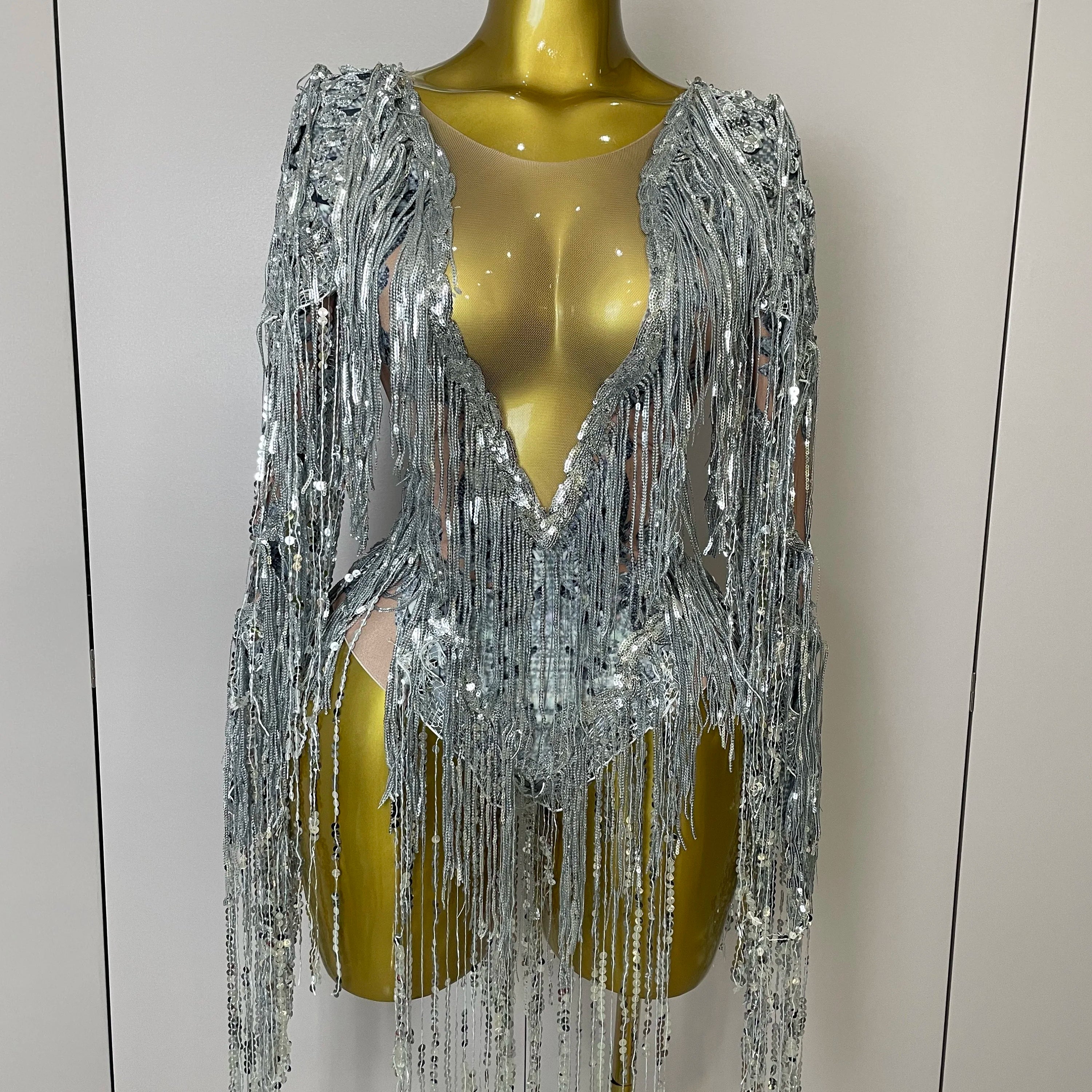 STOCK 2025 Flashing Sequins Tassels Sexy See-Through Sheath Bodysuit Evening Party Nightclub Dancer Stage Perfprmance Costume
