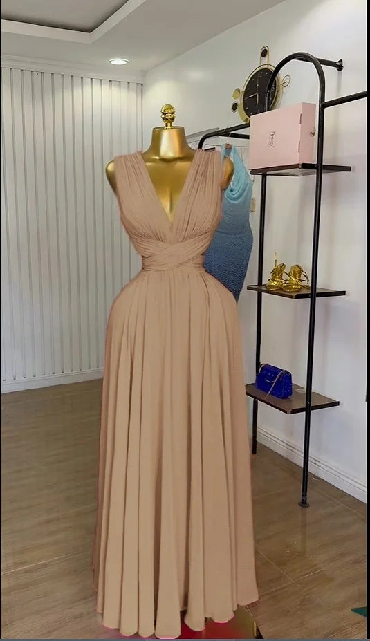 CM.YAYA Women Sleeveless Cutout Back Wrap V-neck Pleated A-line Chiffon Maxi Long Dress Birthday Vacation Sexy Party Dresses Khaki