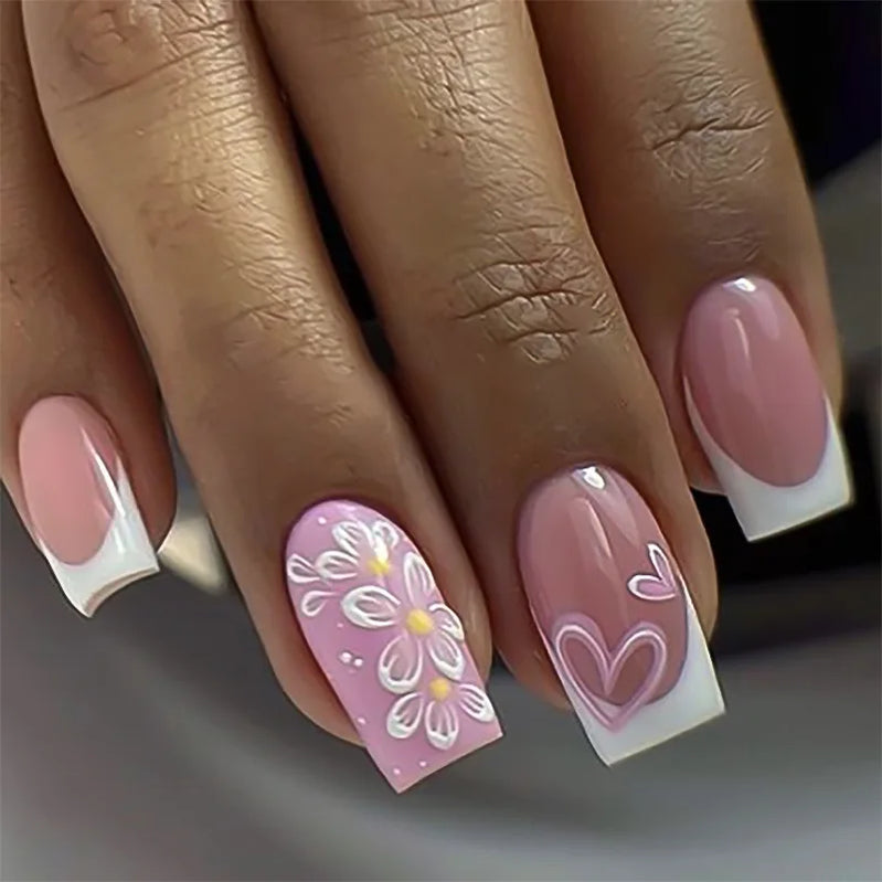 24Pcs Short Square Head Press on Fake Nails Simple French False Nails Art with White Leaves Design Wearable Full Cover Nail Tips