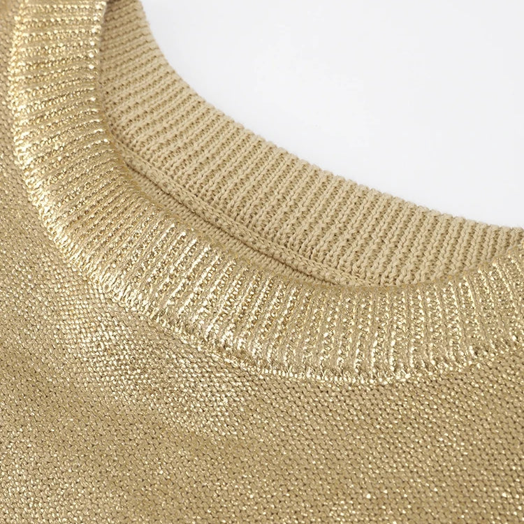 Women Solid O Neck Pullover Top Elegant Loose Long Sleeve Gold Sweatshirt Autumn Female Fashion Casual Shinny Outerwear