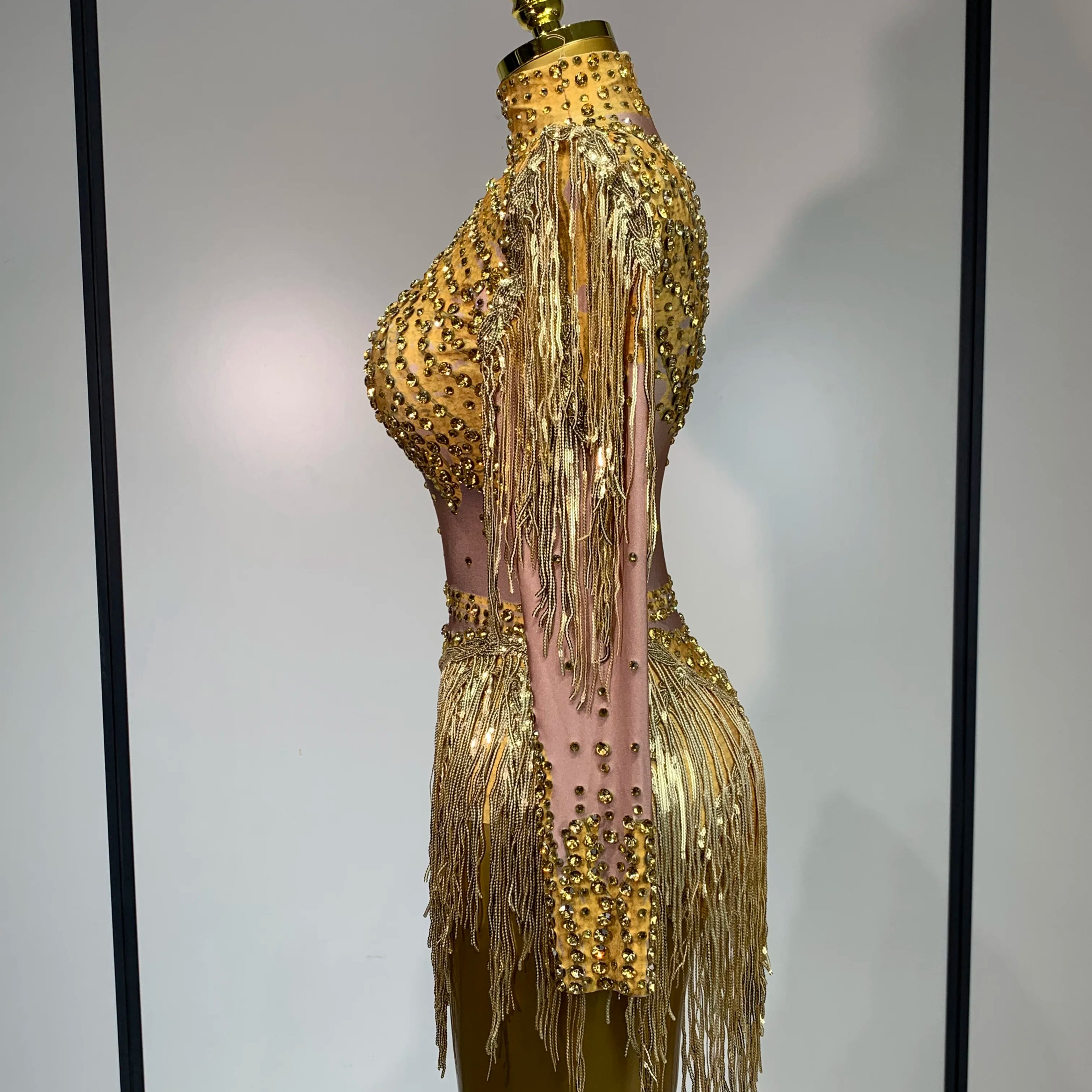 Women Long Sleeve Sexy Shinning Tassels Rhinestone Bodycon Bodysuit High Stretch Bar Dancer Nightclub Stage Wear Birthday Outfit