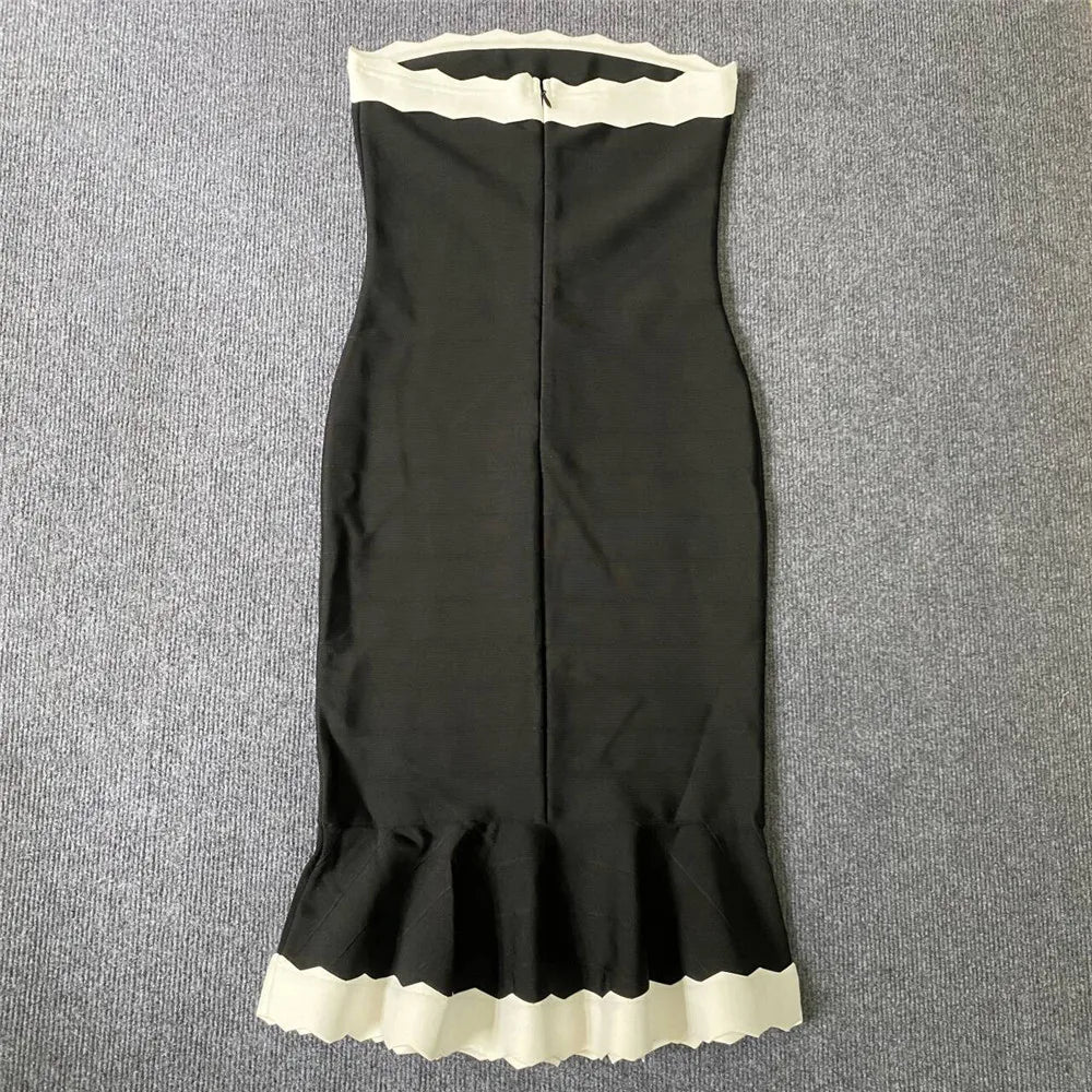 Black Color Women Sleeveless Sexy Strapless Bodycon Mermaid Bandage Mid-calf Dress Nightclub Party Birthday Cocktail Dress