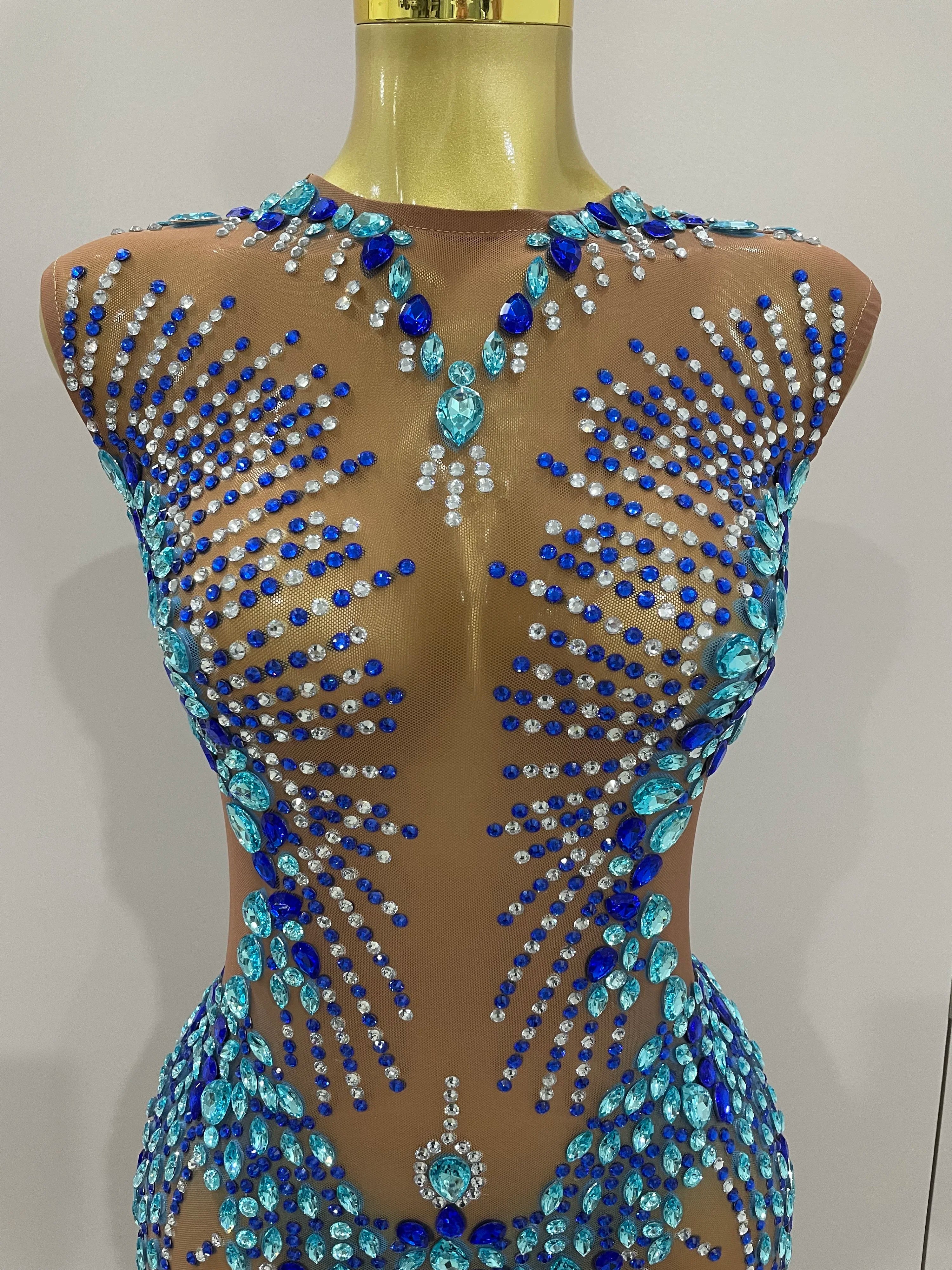 Luxury Sparkly Rhinestones Nude Sexy Mesh Maxi Dress 2025Women Evening Birthday Party Elegant Gown Show Red carpet Stage Costume