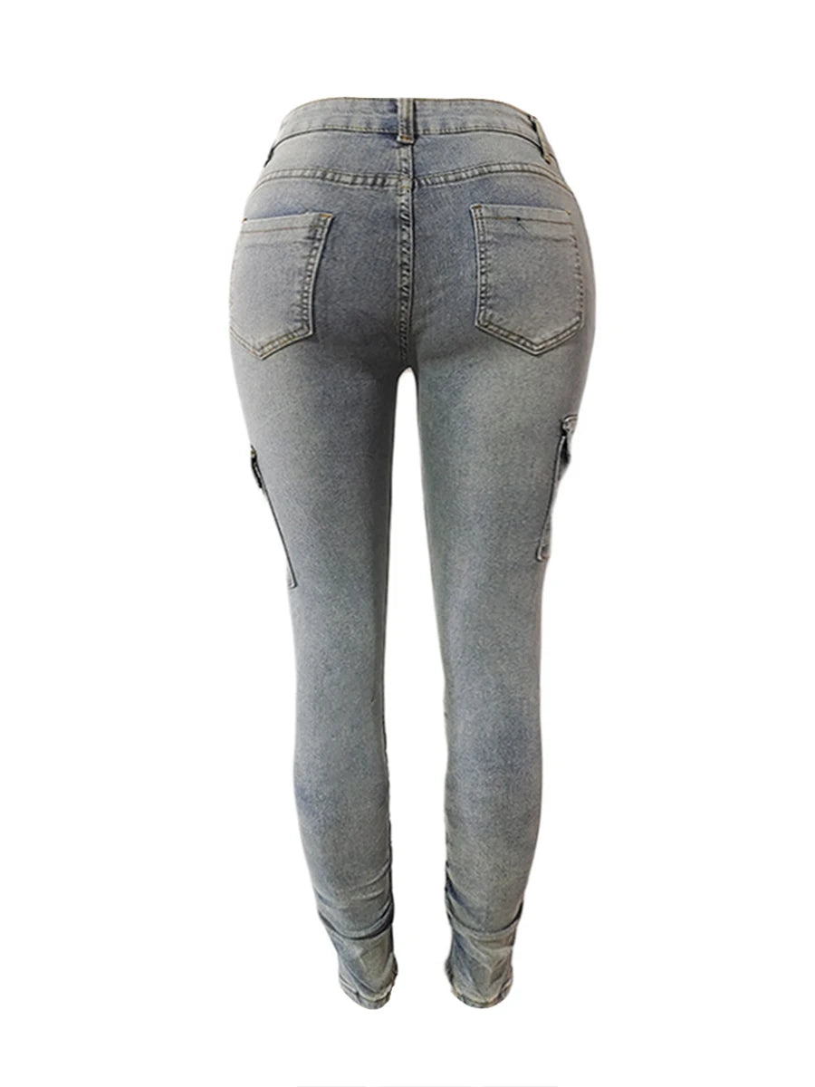 Plus Size High Waist Side Flap Pocket Cargo Jeans Women Zipper Ruched Design Jeans Causal Skinny Long Trouser