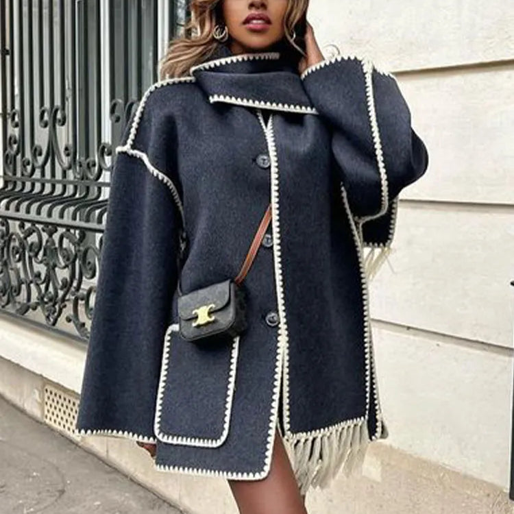 TRAFZA 2023 Autumn Fashion Woman Black Crochet Scarf Coat O Neck Long Sleeve Button Straight Casual Vintage Female Cozy Coats