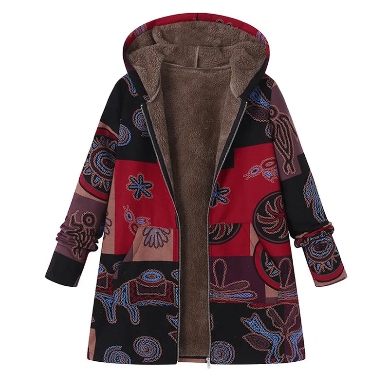 Printed Hooded Long Sleeve Coat Oversized Vintage Women Autumn Winter Warm Plush Jacket Casual Ladies Clothes J