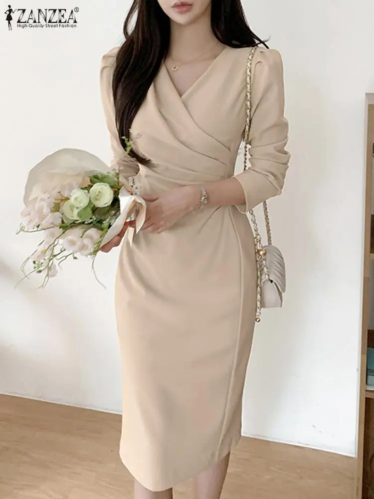 Fashion Bodycorn Dress Spring V-Neck Long Sleeve Sundress Solid Color Pleated Midi Robe Female Elegant Sexy Vestidos