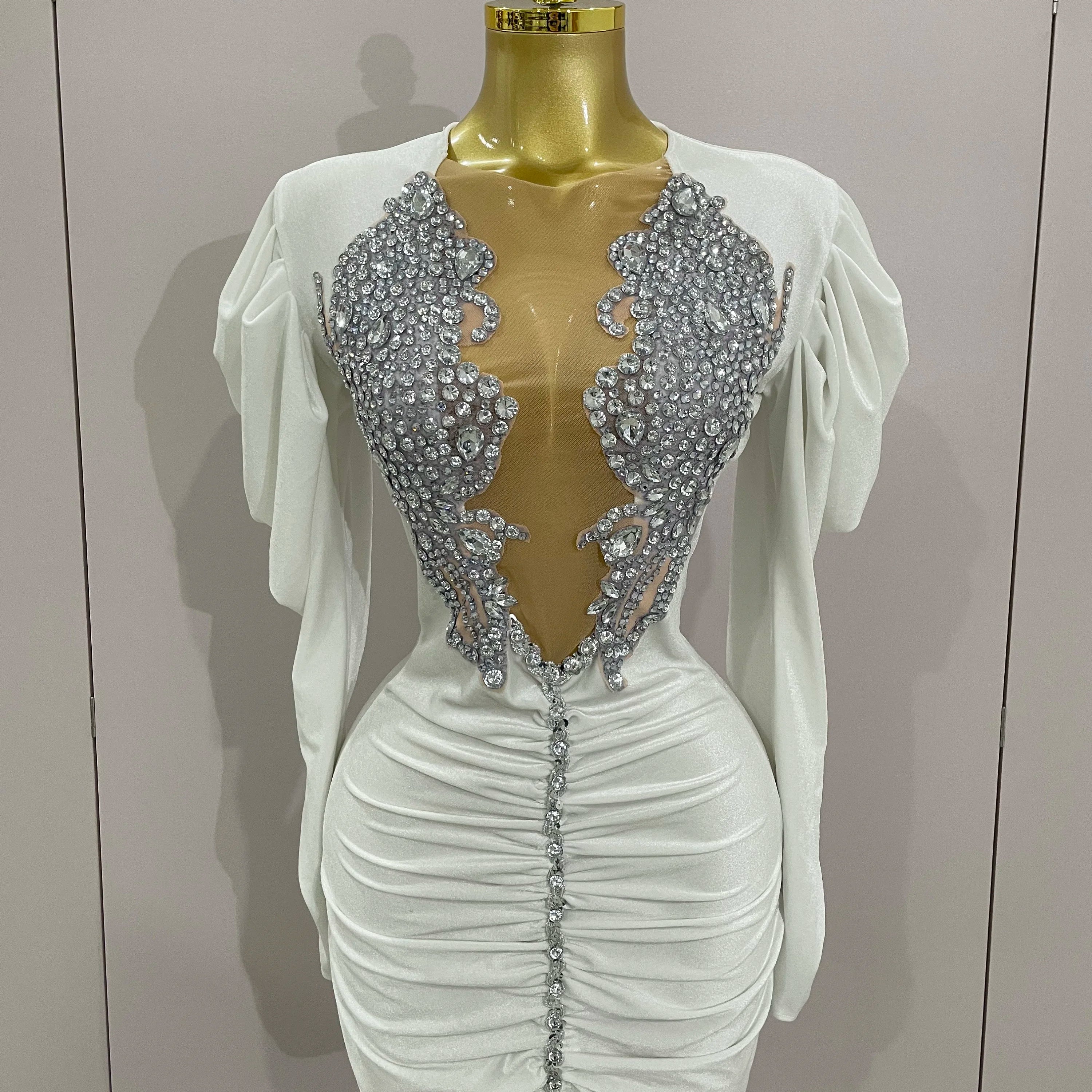 Luxury Sparkly Crystals Sexy Mesh White Velvet Short Dress 2025 Women Elegant Evening Prom Birthday Party Dresses Stage Costume