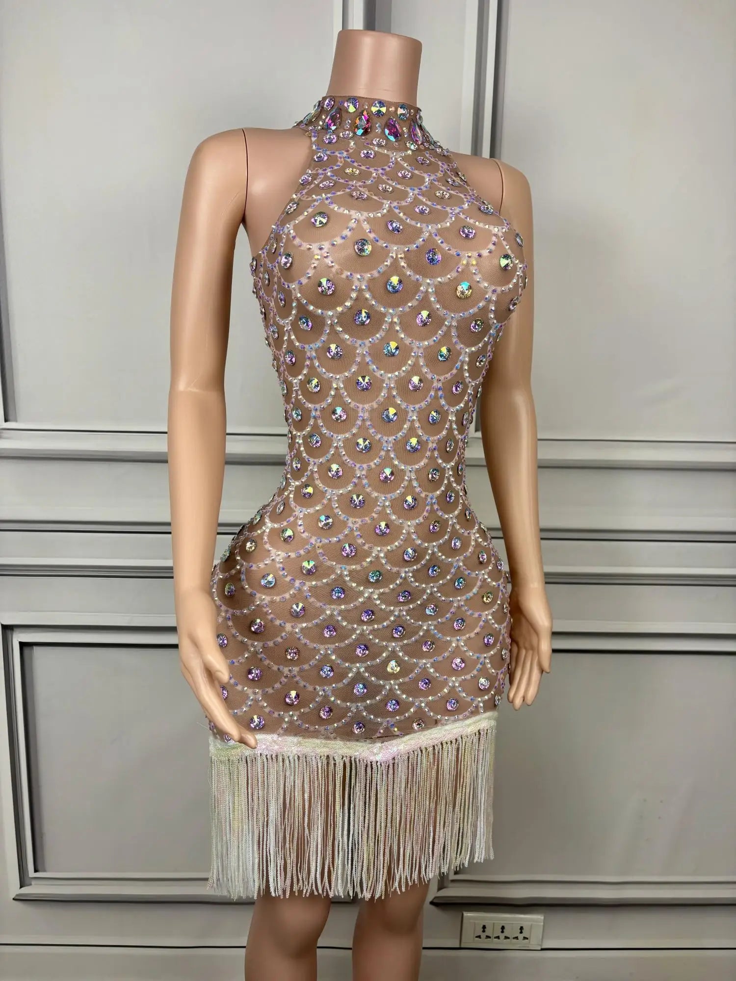 Elegant Women Luxury Sparkly Evening Dress Birthday Celebrate Party Dinners Outfit Tassel Crystals Sheer Mesh Prom Dress Langhua