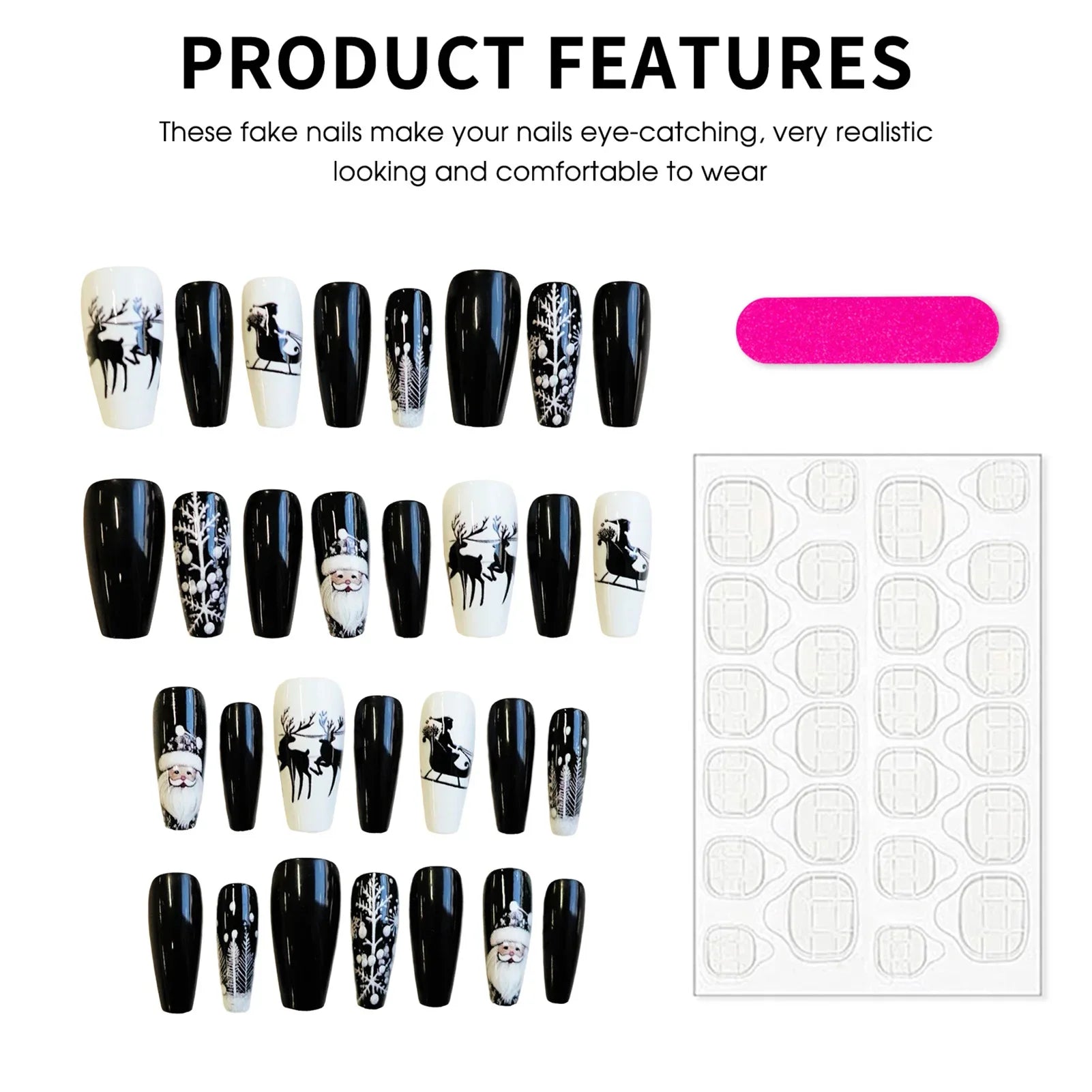 24Pcs Black/White False Nails Medium Length Coffin Christmas Nails Press On Full Cover Acrylic False Nails Santas/Deer Printed