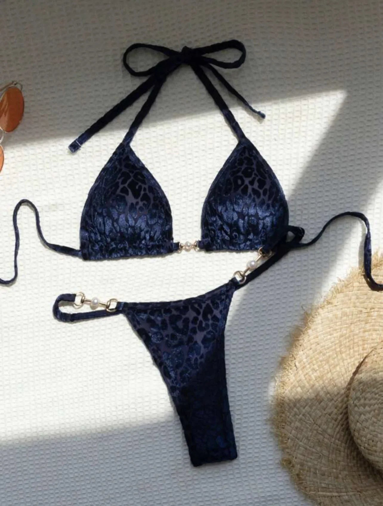 Sexy Leopard Print Glossy Bikini Women's 2-piece Thong Swimwear Suspender Lace-up Low Waist Backless Bathing Suit Beachwear