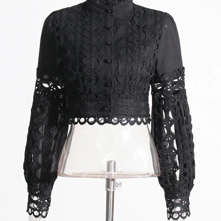 TWOTWINSTYLE Elegant Two Piece Sets For Women Stand Collar Lantern Sleeve Tops High Waist Skirt Hollow Out Set Female Clothing