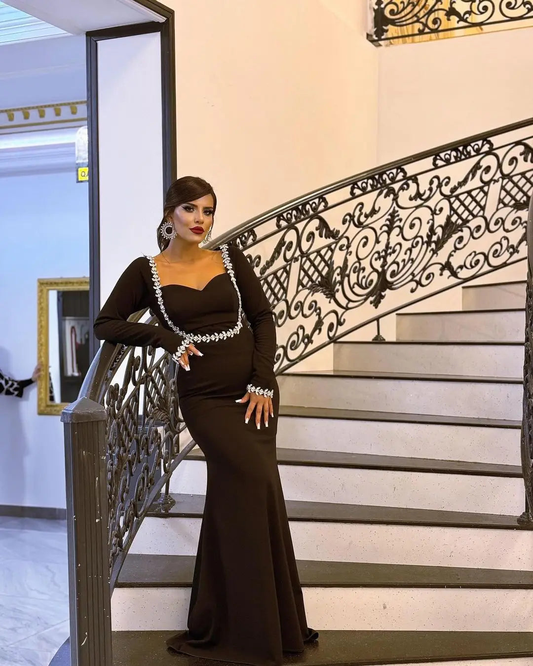 Spring Women Long Sleeve Square Collar Sparkly Crystal Bodycon Long Bandage Dress Celebrate Evening Party Outfit