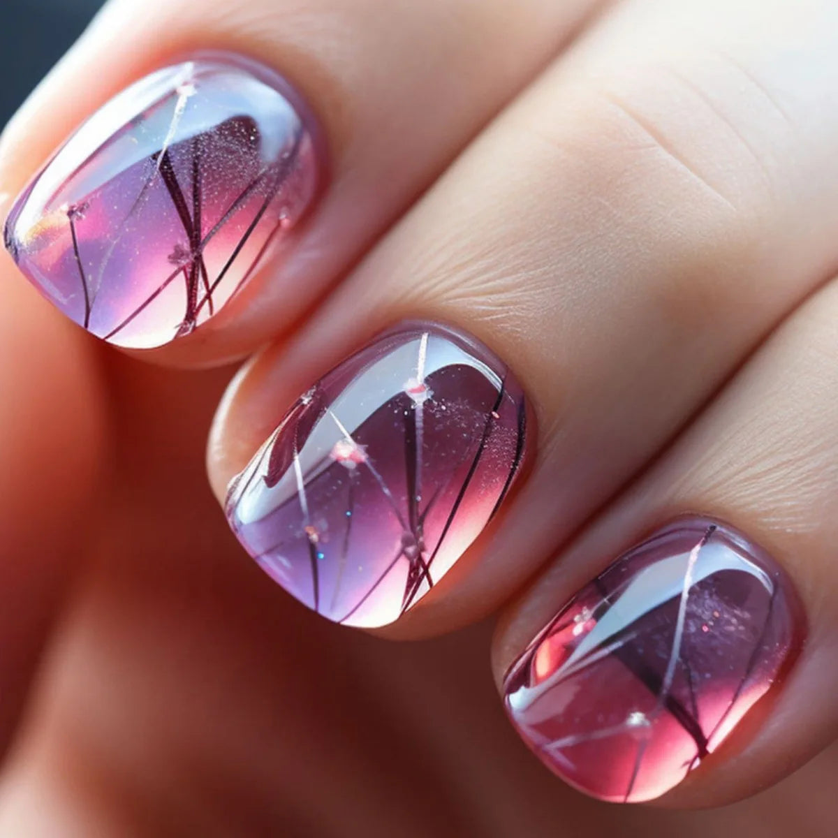 24pcs/set short sqaure almond fake nails geometric aurora gradient heart glitter designs faux ongles press on acrylic false nail