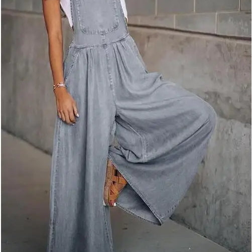 Fashion Denim Overall Women Jumpsuit with Pocket Ladies Spring Fashion Loose Jeans Rompers Female Casual Playsuit GRAY