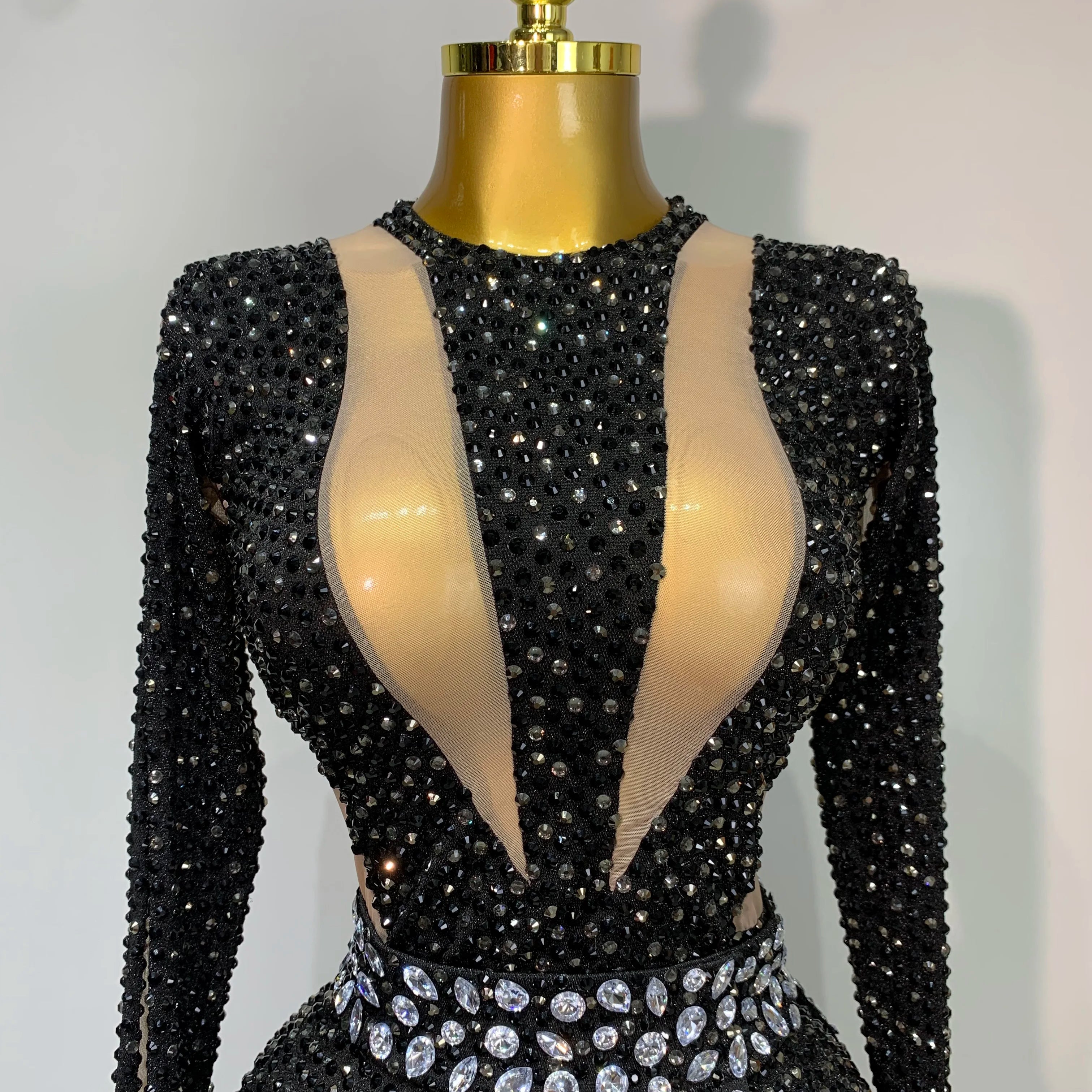 Sexy Sparkly Diamond Black Long Sleeves Bodycon Mesh Jumpsuit Evening Party Nightclub Bar Singer Performance Stage Costume
