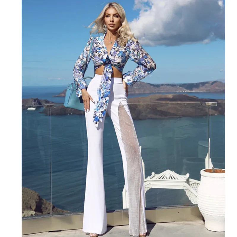 Calça feminina de verão, preta, vermelha e branca, com faixa de rayon, sexy, perna larga, fashion, com buracos de diamante, para celebridades, calça comprida