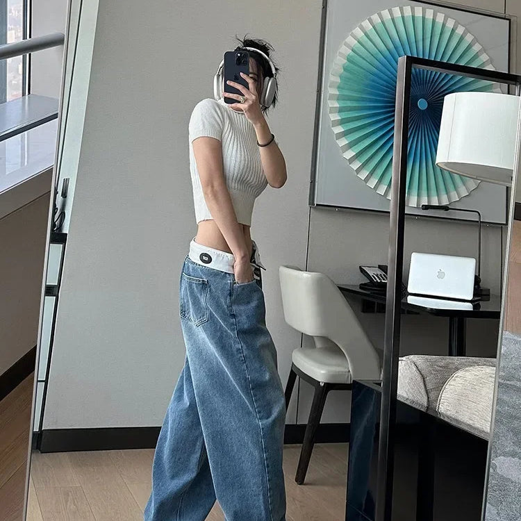 Vintage Y2k Jeans Women Baggy Kpop Gyaru Streetwear Wide Blue Denim Pants Harajuku Korean Acubi Fashion High Waist Jeans