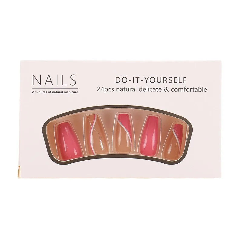 24pcs Rose Red Silver Powder Stripes Almond French Style Press on Nails Pink 3D Fake Nails Full Cover Wearable False Nails