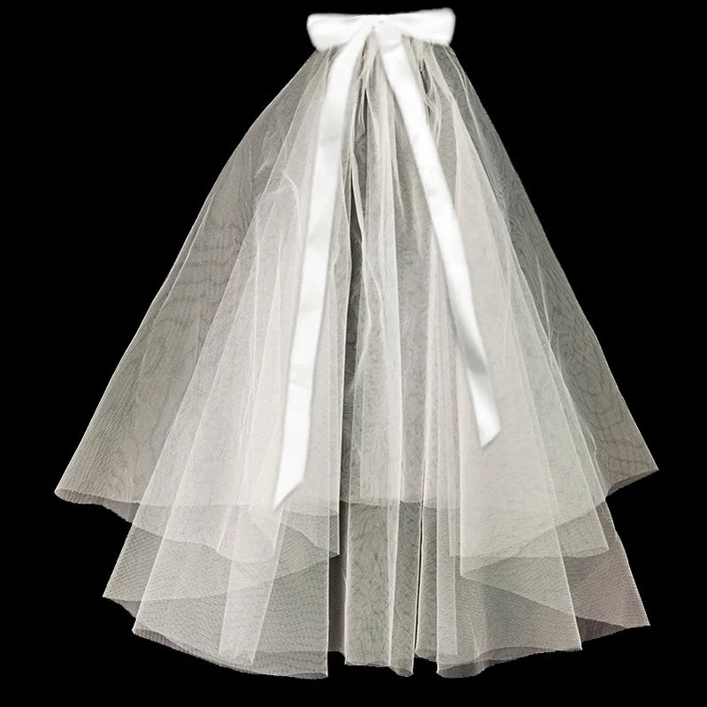 Gothic Black Wedding Veil with Comb Short 2 Layers Bow Tulle Bridal Veils Bride Veil for Bachelorette Party Accessories