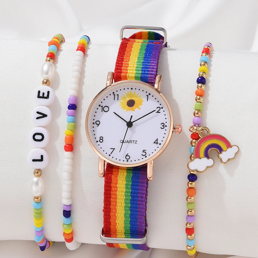 Fashion Luxury Women's Quartz Watches Ladies Rainbow Color Fabric Belt Wristwatch For Women Stylish Dress Reloj Mujer A