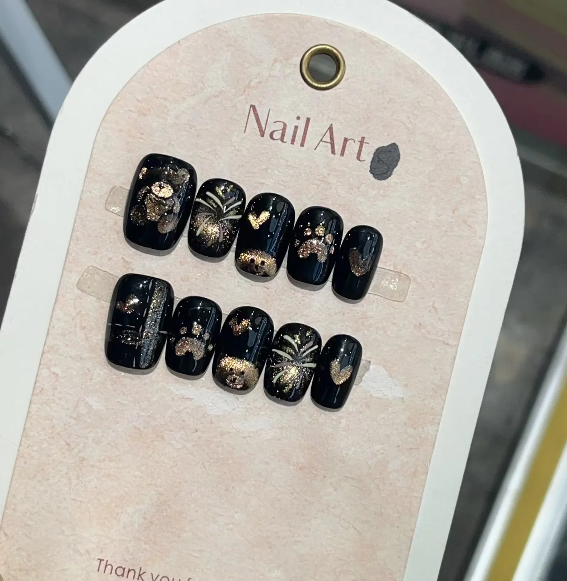 10Pcs Cute Sweet Teddy Bear Handmade Fake Nail Press Ons Sparkling Gel Nails with Glue Cartoon Nail Design Ombre False Nail Tips