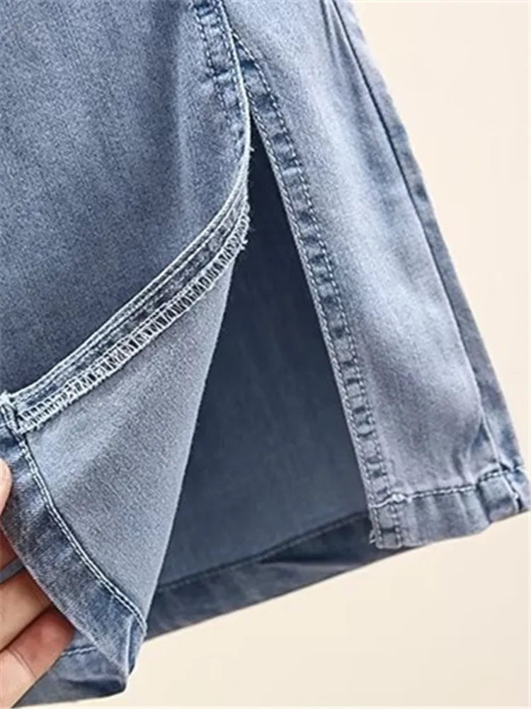 Plus Size Women's Clothing Denim Elasticated Waist Summer Thin Washed Jeans Fatty Wide-Legged Trousers For Obese Ladies Wear