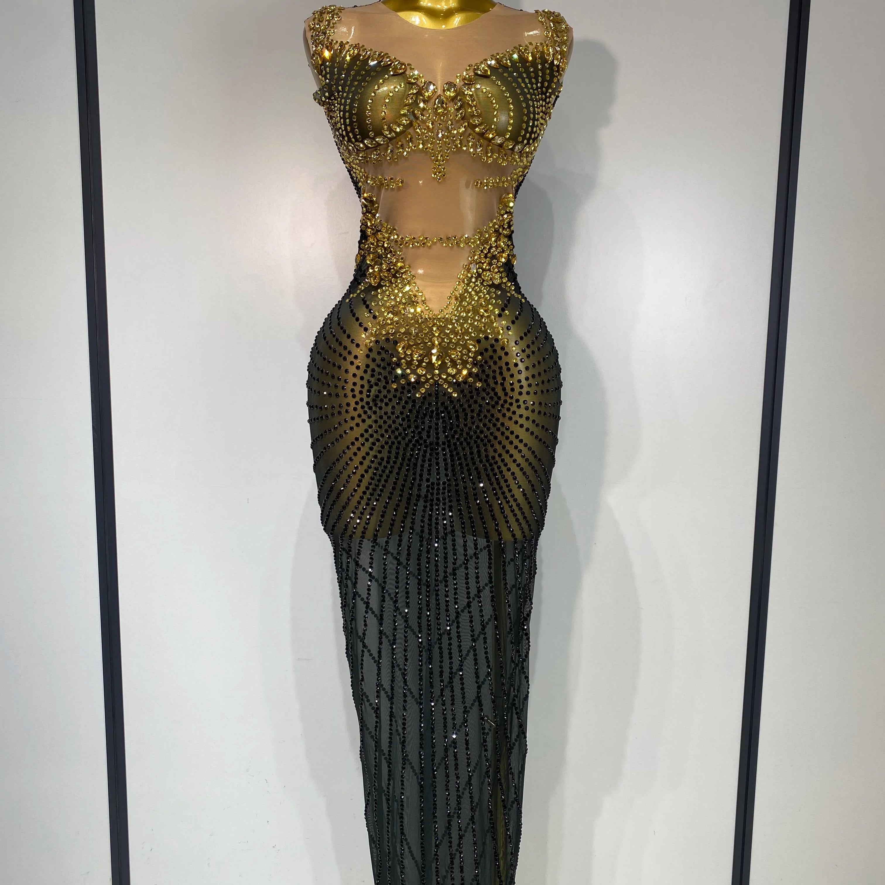 Women Sexy Sparkly Rhinestones Sleeveless Long Dress 2025 Club Birthday Celebrate Evening Photo Shoot Stage Performance Costume