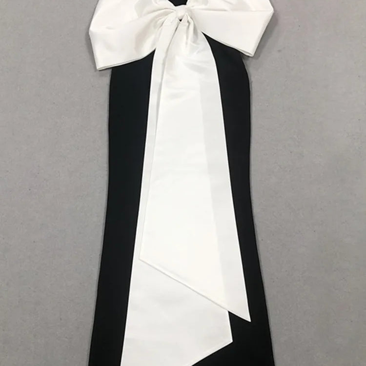 Vestido longo de bandagem colado ao corpo, sexy, sem alças, com gravata borboleta, patchwork, preto, longo, 2025, elegante, para festa à noite