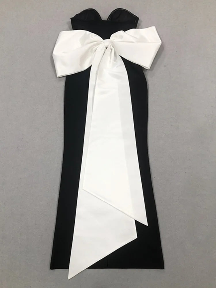 Vestido longo de bandagem colado ao corpo, sexy, sem alças, com gravata borboleta, patchwork, preto, longo, 2025, elegante, para festa à noite