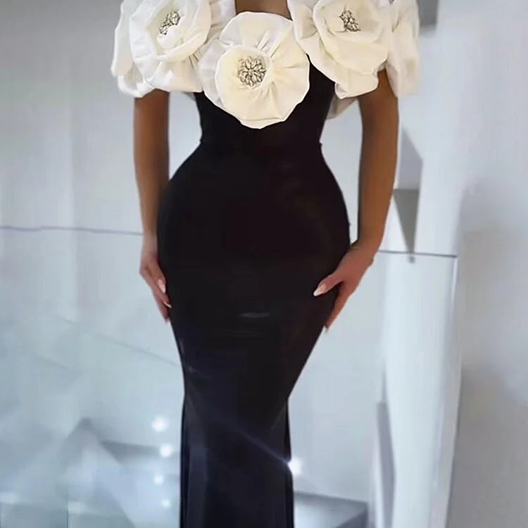 Women Sexy Big Flowers Off the SHoulder Bodycon Bandage Long Dress Fashion Celebrate Evening Party Dress