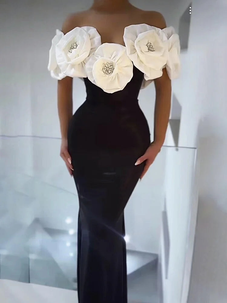Women Sexy Big Flowers Off the SHoulder Bodycon Bandage Long Dress Fashion Celebrate Evening Party Dress
