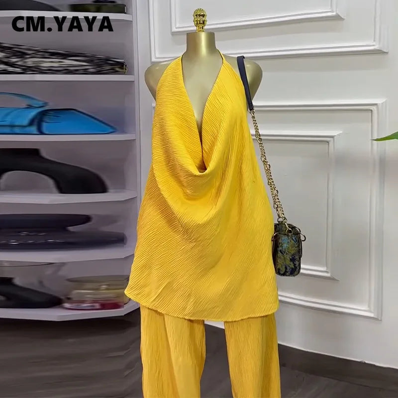 CM.YAYA Fashion Women's Set Deep V-neck Halter Top and Wide Leg Pants Suits 2025 Street Party Two 2 Piece Sets Outfits Tracksuit