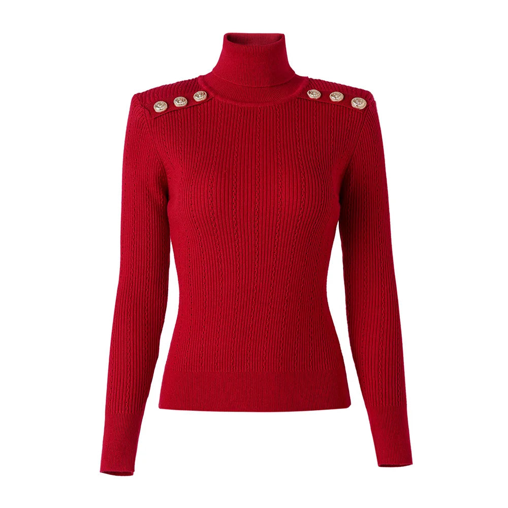 Classic Turtlenecks Pullovers Long Sleeve Gold Buckle Sweater Women Winter Fall Casual Elasticity Knitting Top Red