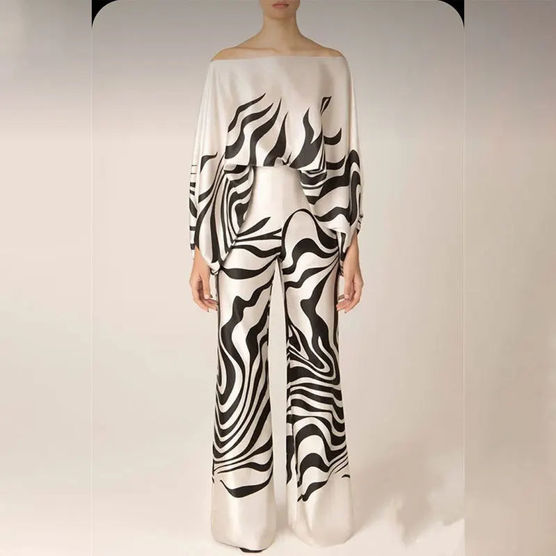 Women Fashion Hollow Off Shoulder Tops With Long Pants Office Lady 2 Piece Sets New Casual Wide Leg Pants Suits Black-stripe