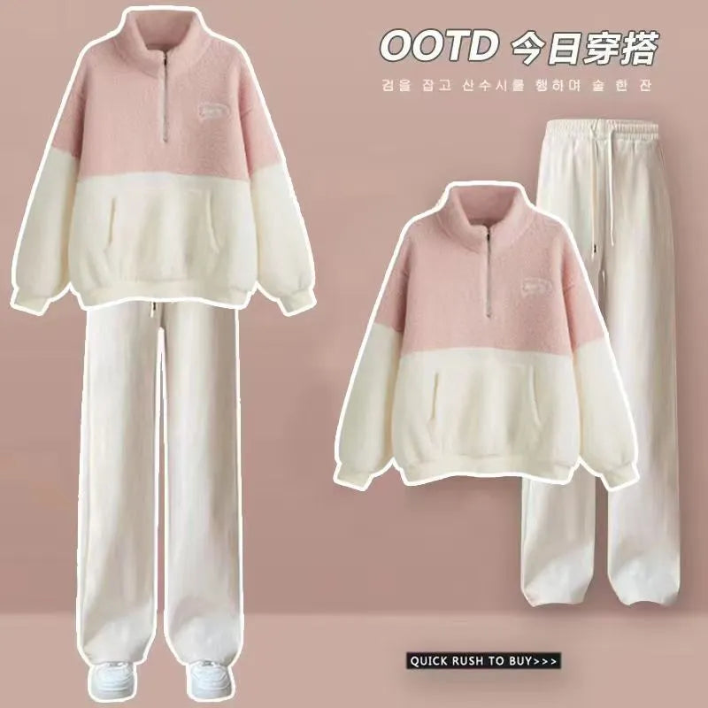 Velvet and Thickened Lamb Hair Outer Set for Women's Autumn and Winter New Korean Casual Wide Leg Pants Fashion Two Piece Set Two-piece suit 01