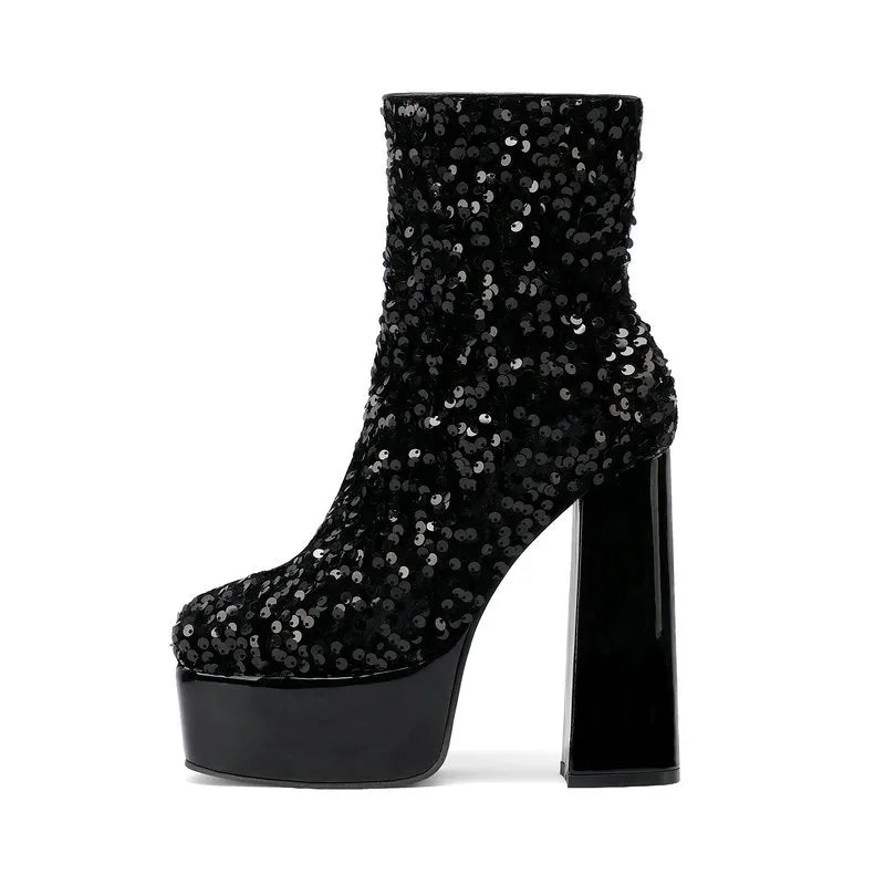 New Fashion Sequined Women Boots Platform Square High Heel Ankle Boots Autumn Winter Female Punk Boots Purple Blue Pink Gold black