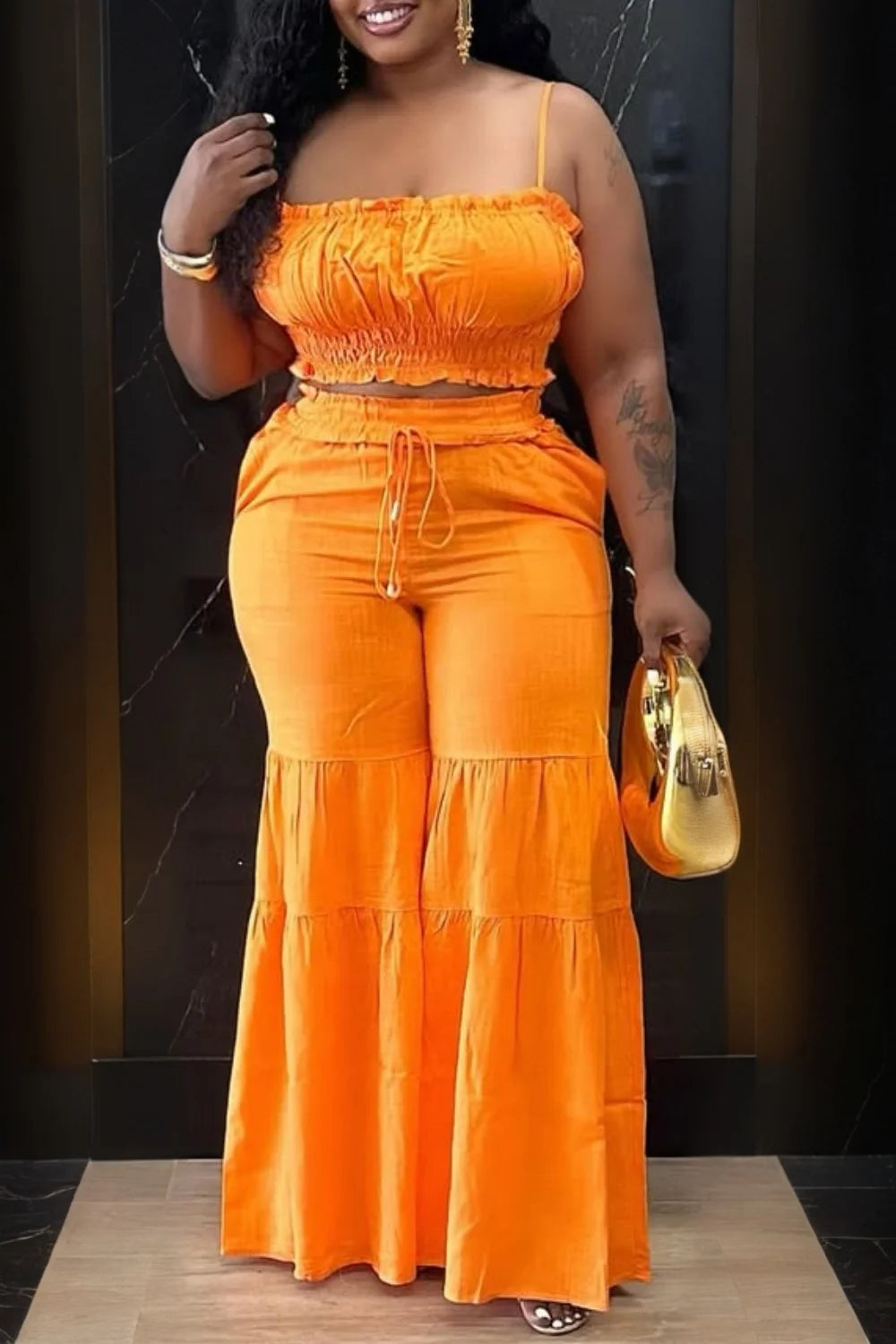 Plus Size Vacation Orange Casual Smocking Two Piece Pant Sets