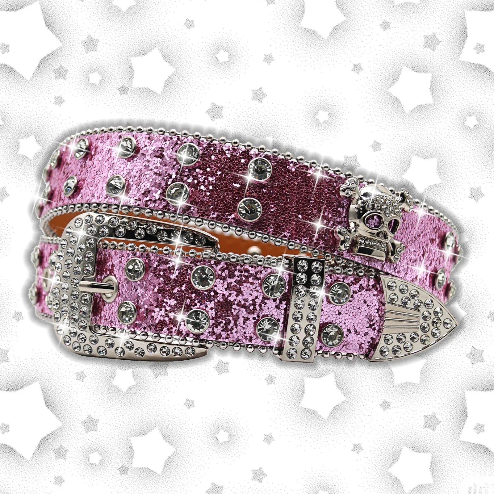 Women's Brand Luxury Sequin Punk Metal Buckle Belt Y2k Bling Skull Rhinestone Belt Fashion Waistband Jeans Pants Decor Belt Pink