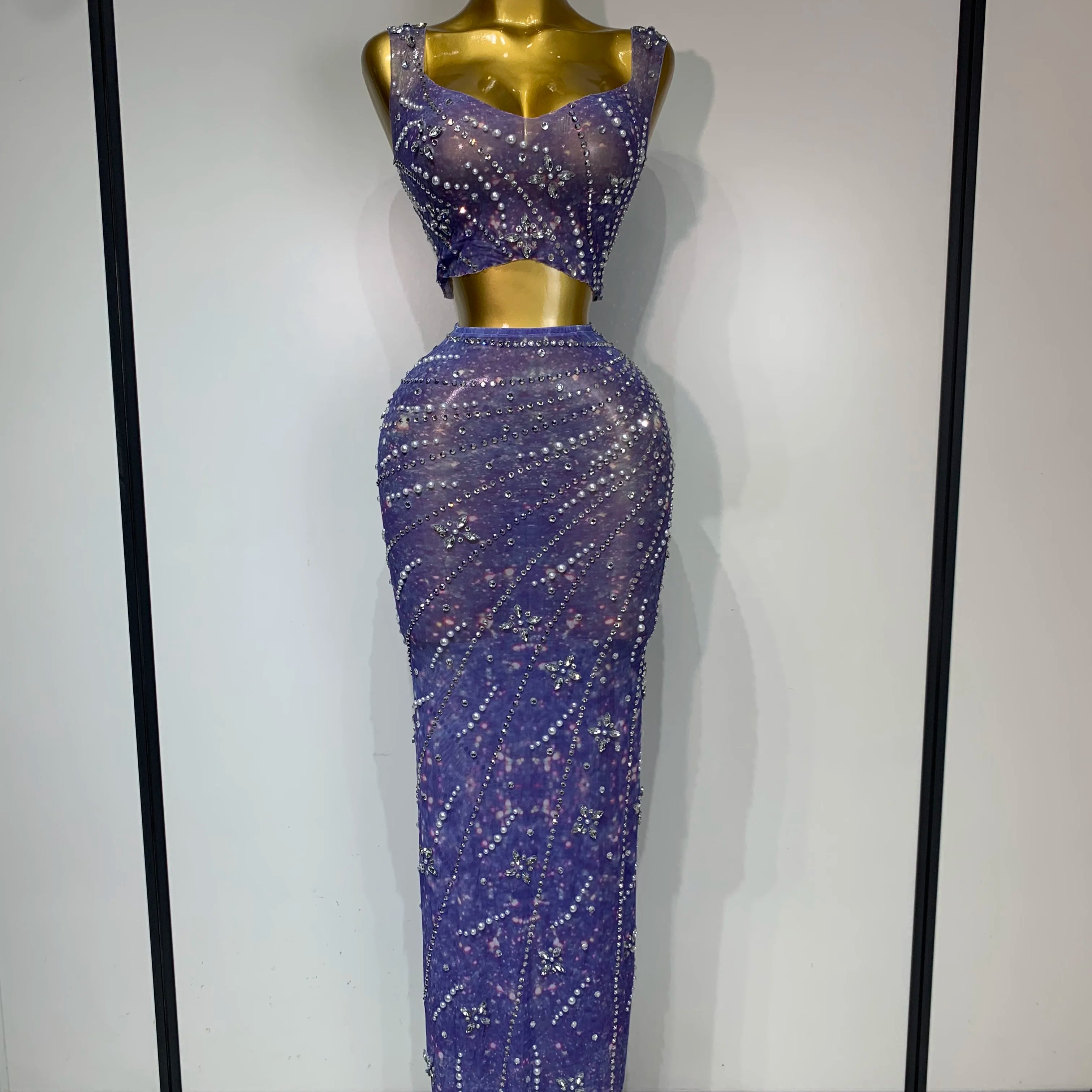 Sparkly Rhinestones Top Long Skirt Two Pieces Set Women Celebirty Luxury Birthday Dress Nightclub Stage Performance Costume